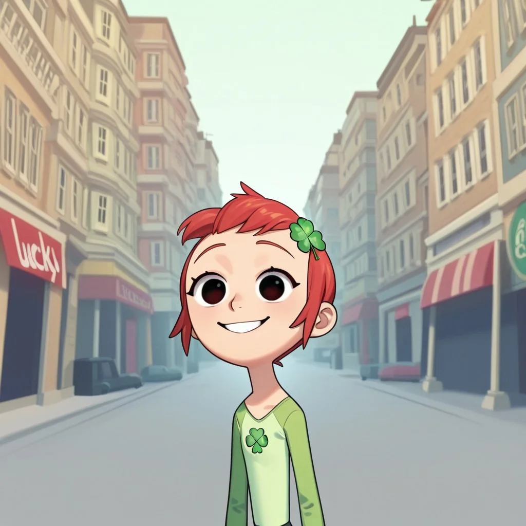 LuckyGirl, 1 girl, alone, short red hair with Trevor's 4-leaf clover symbol in her hair, light green shirt with dark green long sleeves
Lucky girl smiling. A city in the background. Half body,