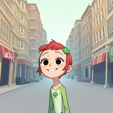 LuckyGirl, 1 girl, alone, short red hair with Trevor's 4-leaf clover symbol in her hair, light green shirt with dark green long sleeves
Lucky girl smiling. A city in the background. Half body,