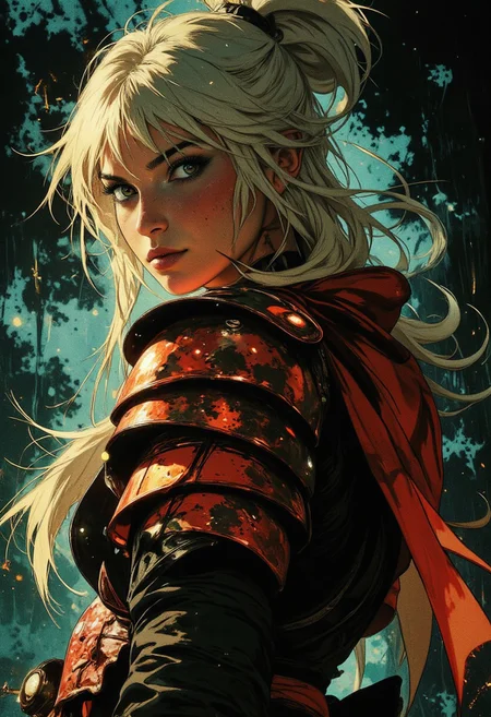 stunning female japanese warrior in samurai armour, multicoloured hair (blonde with blue and red highlights), half-helm, bangs, dark eyeshadow, red lips, red plated armour, standing  in a misty forest, closeup  side portrait, turning towards viewer, High Detail, Perfect Composition, in shadow with shafts of light, high contrast, silhouetted, chiascuro