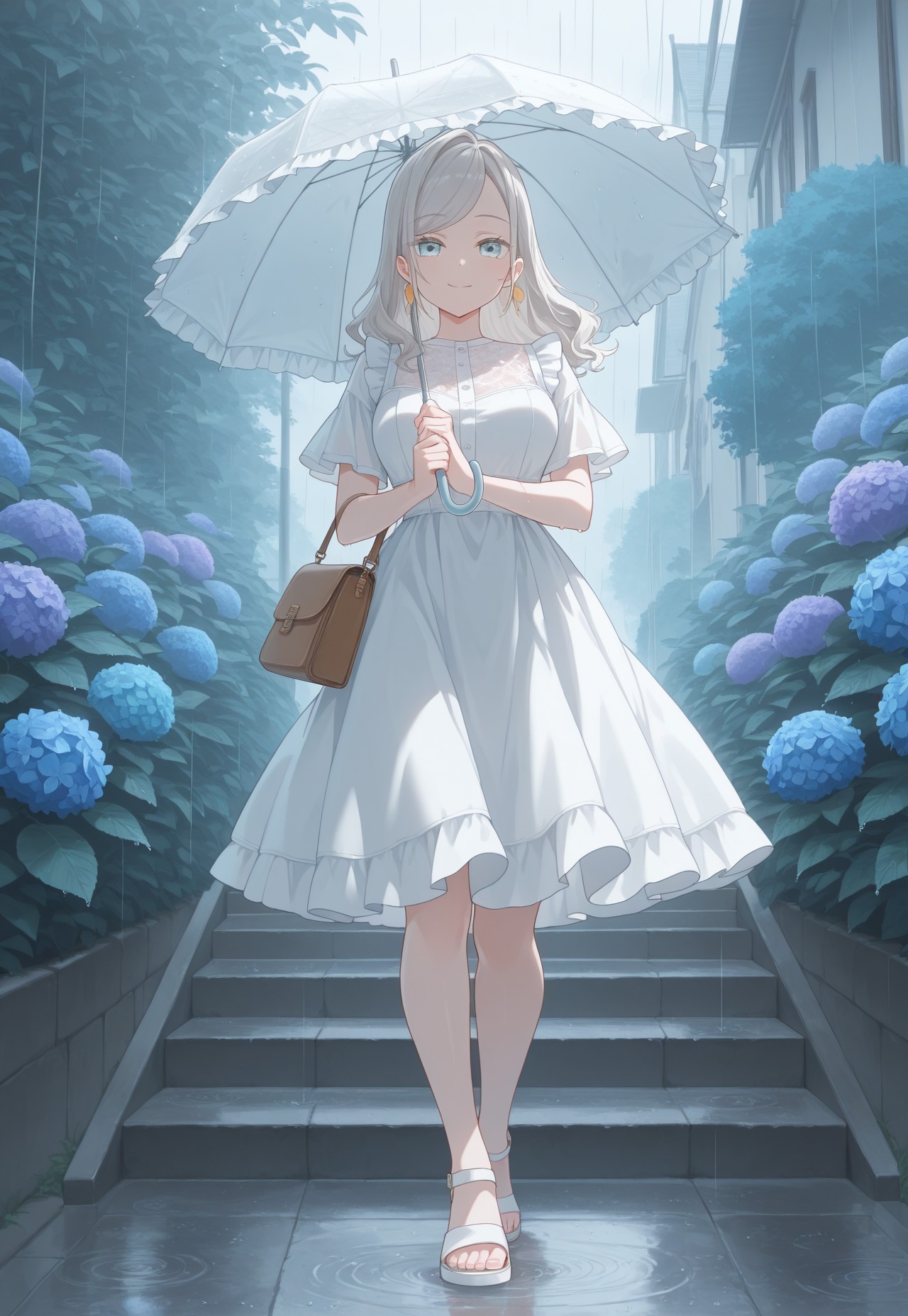 masterpiece,best quality,amazing quality,absurdres, looking at viewer,flower, dress, umbrella, rain, hydrangea, stairs, white dress, holding, sandals, holding umbrella, outdoors, white footwear, water drop, swept bangs, plant, looking at viewer, short sleeves, bangs, standing, bag, blue flower, frills, leaf, walking, jewelry, smile, closed mouth, full body, bush, ceras_YL, white hair, grey hair, light blue eyes, medium breasts