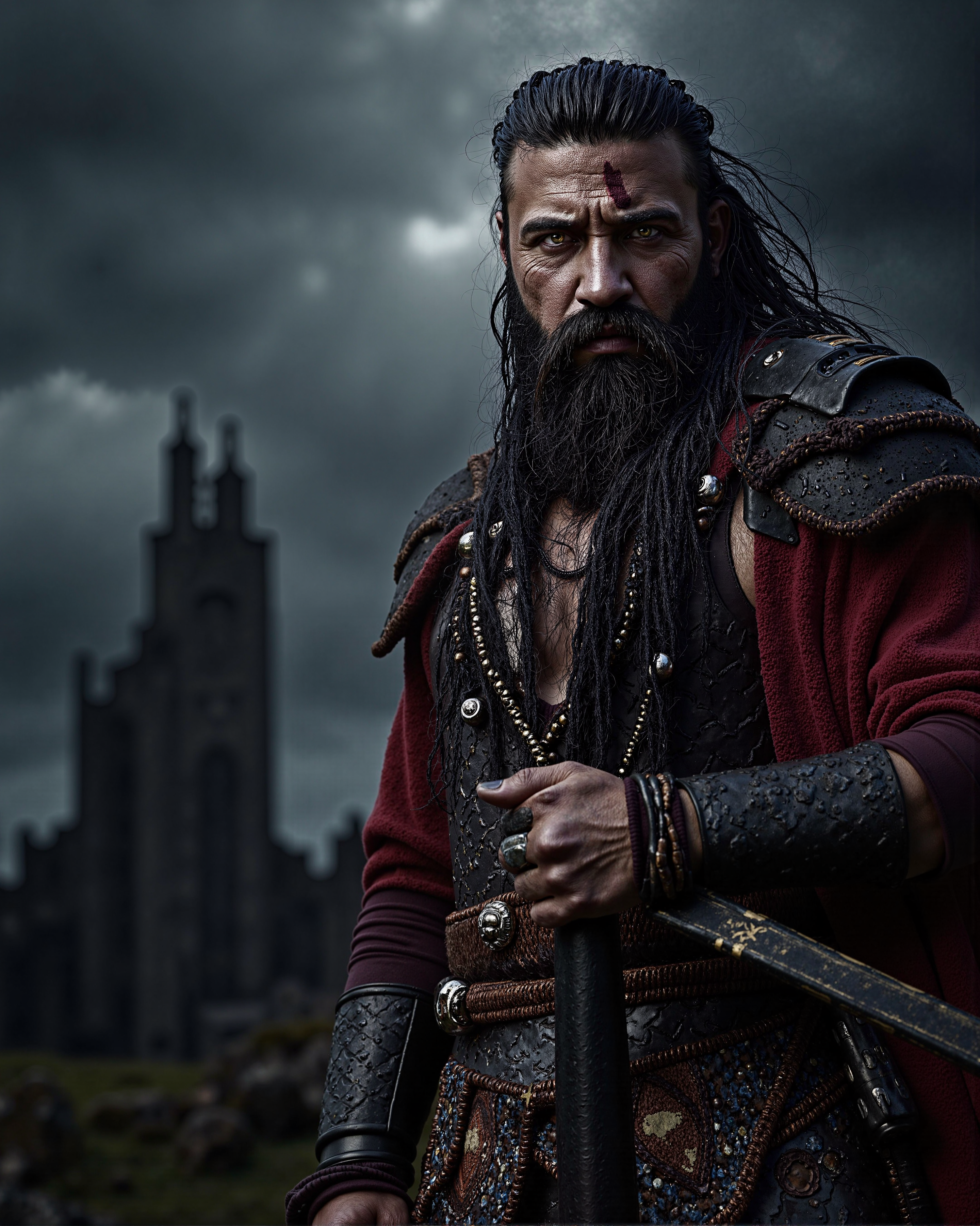 A highly detailed portrait of a noble Southron warrior from The Lord of the Rings, standing fiercely against the foreboding backdrop of the Black Gate of Mordor. The warrior is bareheaded, with piercing, fiery eyes and a deep scar running diagonally across his cheek and nose, adding to his imposing presence. His thick, jet-black hair flows wild, and his full, braided beard is adorned with small metallic rings and beads.

He is clad in intricate, richly adorned armor with dark red and gold accents, featuring exotic patterns and symbols unique to the Southron culture. His posture exudes strength and determination, as he grips the hilt of a curved scimitar resting by his side. The background showcases the immense, jagged towers of the Black Gate, shrouded in an ominous haze, with dark storm clouds looming overhead.

The photo is captured with a high-end professional camera, such as a Nikon Z9 or Canon EOS R5, using a 70-200mm f/2.8 lens for a compressed perspective that emphasizes the warrior while keeping the ominous gate in the distance sharply detailed. The lighting is dramatic, with the warrior illuminated by a harsh side light that accentuates his scar and rugged features, contrasting with the dim, shadowy atmosphere of Mordor.