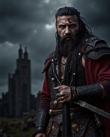 A highly detailed portrait of a noble Southron warrior from The Lord of the Rings, standing fiercely against the foreboding backdrop of the Black Gate of Mordor. The warrior is bareheaded, with piercing, fiery eyes and a deep scar running diagonally across his cheek and nose, adding to his imposing presence. His thick, jet-black hair flows wild, and his full, braided beard is adorned with small metallic rings and beads.
He is clad in intricate, richly adorned armor with dark red and gold accents, featuring exotic patterns and symbols unique to the Southron culture. His posture exudes strength and determination, as he grips the hilt of a curved scimitar resting by his side. The background showcases the immense, jagged towers of the Black Gate, shrouded in an ominous haze, with dark storm clouds looming overhead.
The photo is captured with a high-end professional camera, such as a Nikon Z9 or Canon EOS R5, using a 70-200mm f/2.8 lens for a compressed perspective that emphasizes the warrior while keeping the ominous gate in the distance sharply detailed. The lighting is dramatic, with the warrior illuminated by a harsh side light that accentuates his scar and rugged features, contrasting with the dim, shadowy atmosphere of Mordor.