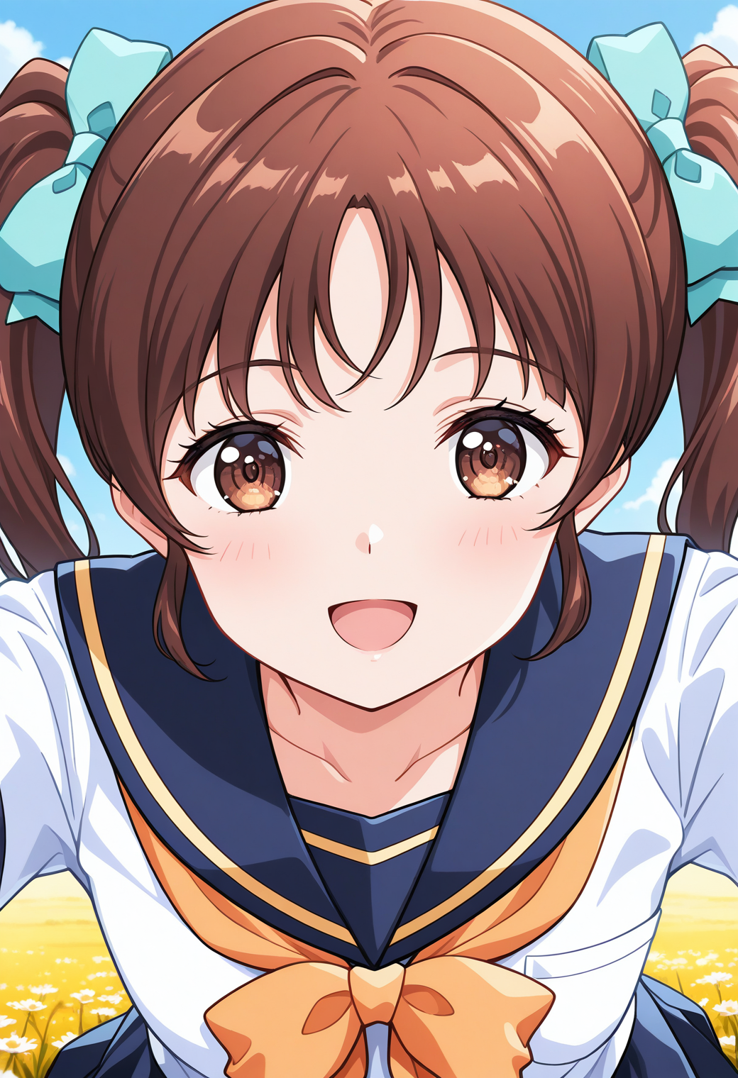 koizumi_rina, brown eyes, brown hair, twintails, hair bow, school uniform, serafuku, short sleeves, white shirt, blue skirt, <lora:fr_koizumi_rina_illustrious_ver1:0.8> 
smile,, masterpiece, best quality, general,, 1girl, solo, (field:1.2), (blue sky:1.2), looking at viewer,, (upper body:1.2), (close-up:1.2), (facing viewer:1.2), (open eyes:1.4), (portrait:1.2)