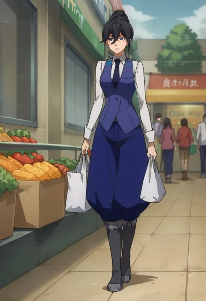 score_9,score_8_up,score_7_up,anime coloring BREAK source_anime,anime,<lora:Fumitan_Admoss_ORPHANS_Pony:0.8>,fumitan,1girl,solo,blue eyes,black hair,single hair bun,hair between eyes,glasses,collared shirt,blue vest,necktie,blue pants,grey boots,shopping bag,walking,outdoors,shopping street,