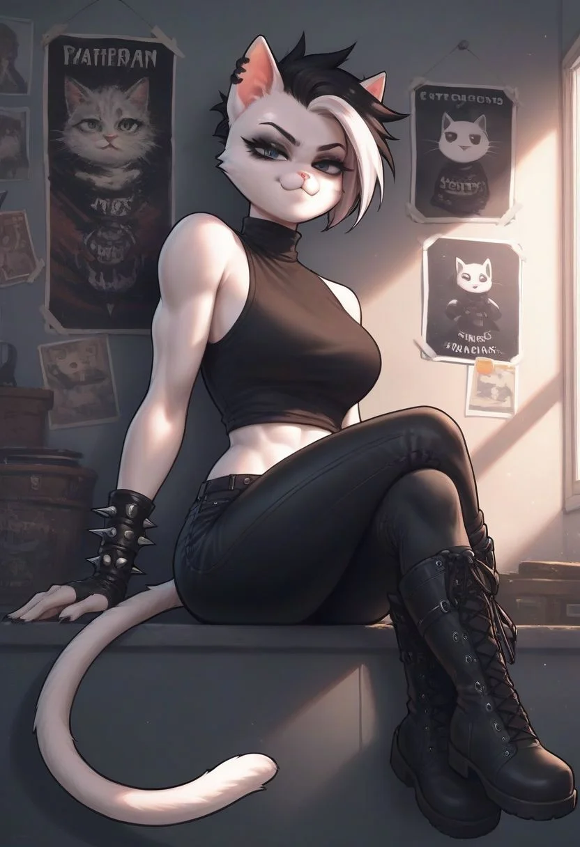 score_9, score_8_up, score_7_up, score_6_up, score_5_up, score_4_up, gynomorph
(female anthro), (white cat), athletic female, white fur, (cat tail), smug expression, black turtleneck, sleeveless turtleneck, leather bracers, leather pants, loose clothes, striped stockings, military boots, high boots, black eye shadow, expressive eye shadows, goth, spiked hair, punk hair, (legs crossed), midriff, full body, cute face, goth bedroom, posters in walls, white highlights, black hair, thick outline