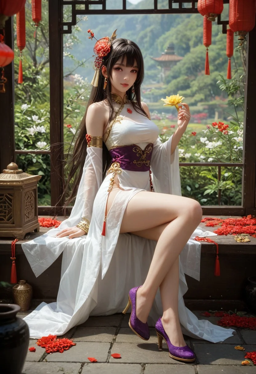 score_9,score_8,score_7_up,yunxi,purple and white chinese clothes with gold designs,gold collar,gold necklace with gems,,looking at viewer,<lora:ponyyunxi15v:1>,flowers,purple shoes