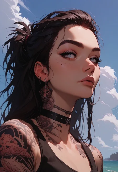 Score_9, Score8_up, Score_7_up, (((High Resolution, Best Quality))),
1girl, solo, Covered in Tattoos, her hand on her head, brushing hair behind ear,
Tanktop, cutoff, choker,
On a Cliff overlooking a beach, Cloudy Sky,