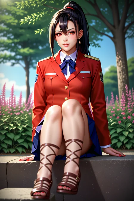 score_9, score_8_up, score_7_up, score_6_up, score_5_up, score_4_up, detailed, intricate details, source_anime, , (best quality) , (highly detailed) ,((masterpiece)), ((best quality)), (ultra-detailed), ((extremely detailed)), (high resolution), 4K, (8K), best quality, (beautiful), (dynamic lighting), (super detailed skin), sharp focus, (1_girl, solo focus), score_9,score_8_up,score_7_up,anime coloring BREAK source_anime,anime, theresia (hortensia saga), long hair, hair between eyes, black hair, red eyes, sidelocks, , ponytail, White and Red hair ribbon, <lora:ThorsClassVIIUniform:0.9>, thors military academy class vii uniform, school uniform, red jacket, pleated skirt, kneehighs , loafers indoors, outdoors, sky, trees, , , depth of field, blurry background, day ,, sitting , , looking at viewer, front view, ,
detailed eyes、detailed face and detailed skin <lora:add-detail-xl:1.0> commix style, gladiator sandals, red nails, full body, toenail polish