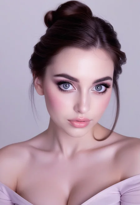 A beautiful young woman with fair, porcelain-like skin and brown hair styled in a soft, elegant low bun with a few loose strands framing her face. She has striking, large grey eyes with long eyelashes, subtle eyeshadow, defined brows, and softly blushed cheeks. Her lips are full with a natural pink gloss. She is wearing a light pastel off-shoulder top, revealing her shoulders and upper chest down to the cleavage. The image is composed from head to cleavage, with flattering, soft lighting. Set against a clean white background. Hyper-realistic, high detail, studio portrait, front-facing, centered composition.