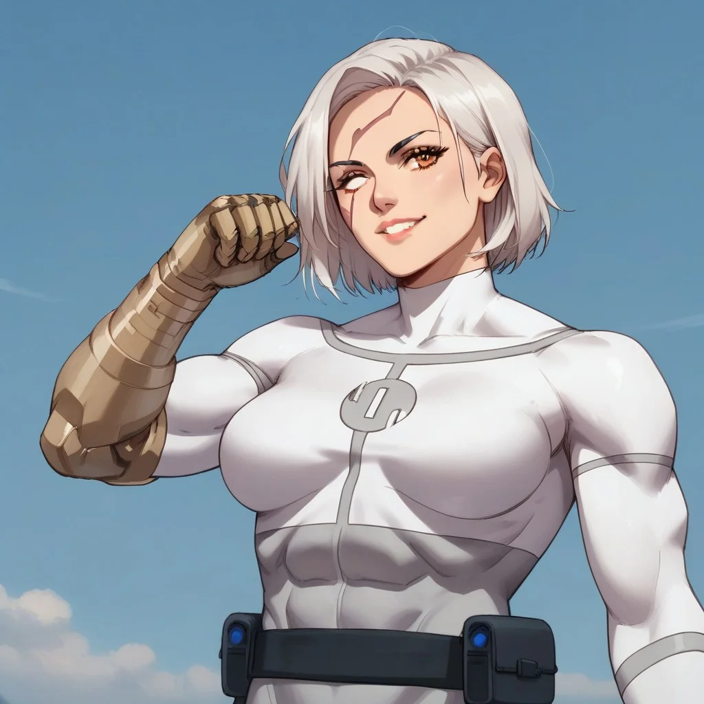score_9, score_8_up, score_7_up, score_6_up, score_5_up, score_4_up, Expressiveh, 1 girl, solo, Conquest-ISV-V1.0 mature woman, conquest, white hair, amber eye, white eye, viltrumite_bodysuit, camera_belt, single_mechanical_arm, face_scar athletic female, muscular female. amber eye, superhero pose. blue sky background, upper body focus. happy