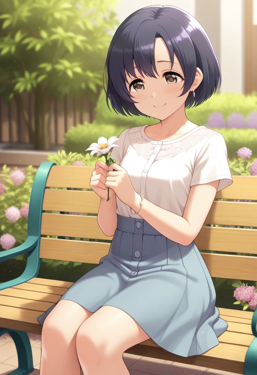 masterpiece,best quality,amazing quality,  shiragiku hotaru, short hair, black hair, brown eyes, 1girl, flower, solo, skirt, sitting, smile, bench, short sleeves, holding, depth of field, jewelry, bracelet