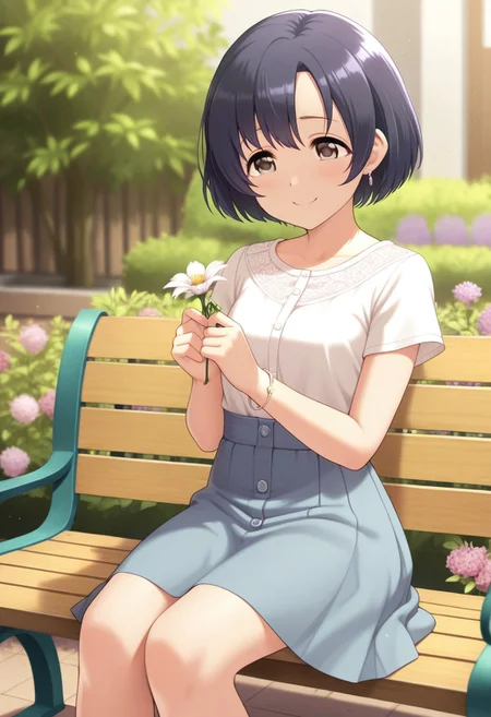masterpiece,best quality,amazing quality, shiragiku hotaru, short hair, black hair, brown eyes, 1girl, flower, solo, skirt, sitting, smile, bench, short sleeves, holding, depth of field, jewelry, bracelet