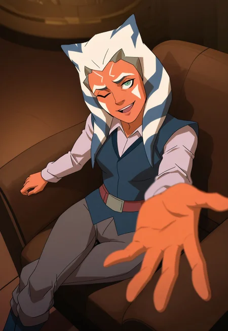 LoVM Style, Ahsoka, reaching out, one eye closed, solo, adcollared outfit, grey pants, looking at viewer, fancy room, gentle smile, sitting, crossed legs, (chandelier:0.4), depth of field, from above, open mouth, head tilt, open hand, welcoming viewer
