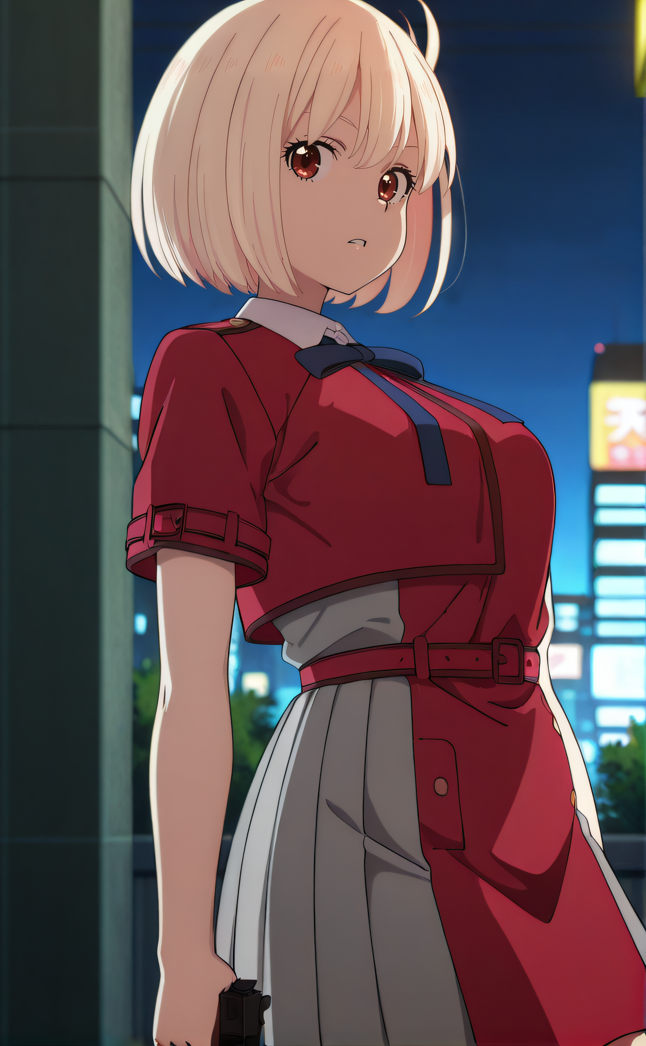 masterpiece, best quality, highres, newest, 1girl, solo, official style, anime screencap, <lora:Nishigiki_Chisato:1>, chisato, blonde hair, bob cut, red eyes, red lycoris uniform, short sleeves, looking at viewer, outdoor, cowboy shot, city night, frown, five fingers, holding a gun, parted lips