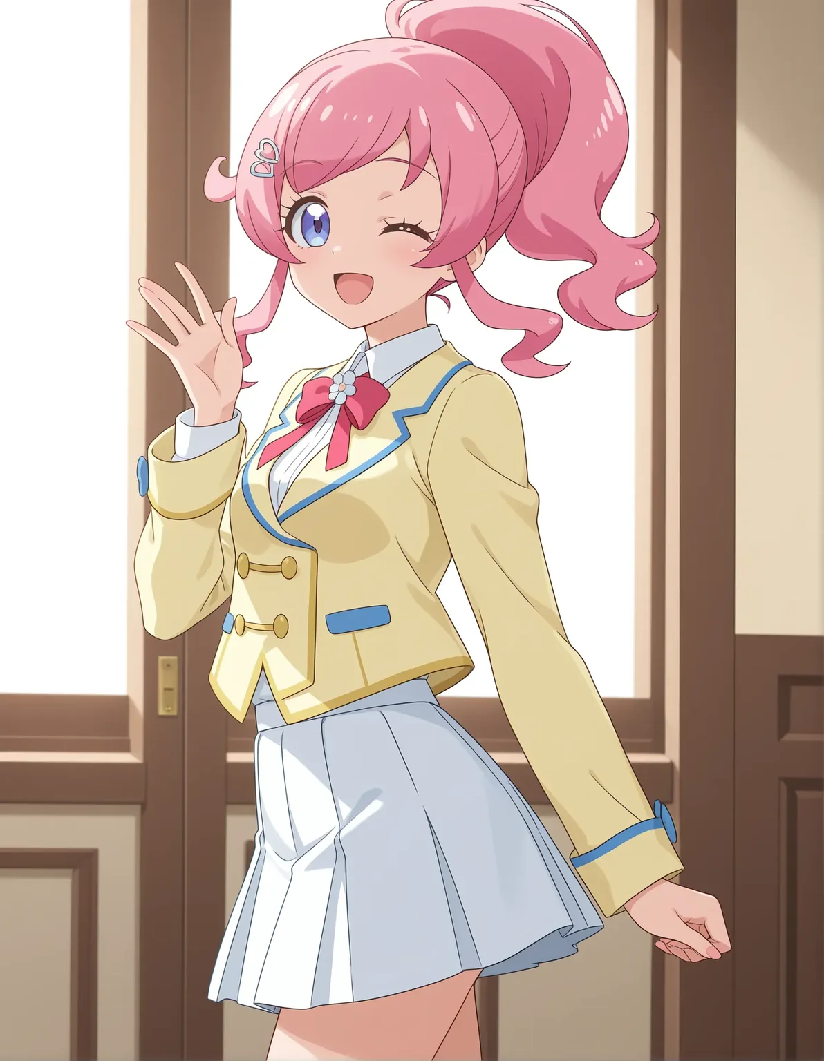 1girl, momoyama mirai, kiratto pri chan,
solo, anime coloring, pride, from side, standing, one eye closed, pink hair, long hair, high ponytail, swept bangs, sidelocks, hairpin, blue eyes, small breasts, yellow jacket, collared shirt, bowtie, red bow, pleated skirt, white skirt, smile, cowboy shot, jacket, shirt, skirt, red bowtie, miniskirt, looking at viewer, sidelighting, breasts, open mouth, bow, long sleeves, ;d, hand up,
best quality, very aesthetic, newest, masterpiece, absurdres, highres, anime screenshot, safe
<lora:il-prichan-mirai1.0:1>