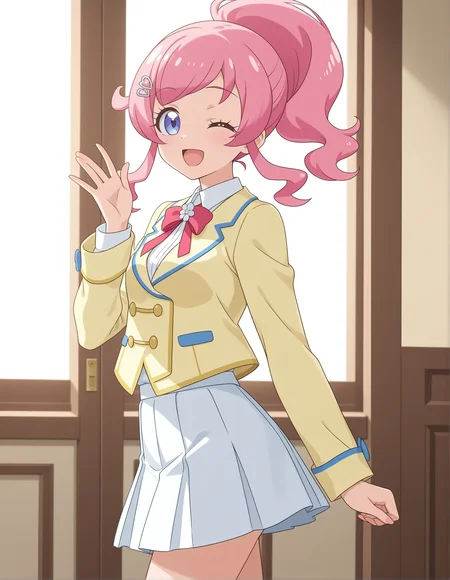 1girl, momoyama mirai, kiratto pri chan,
solo, anime coloring, pride, from side, standing, one eye closed, pink hair, long hair, high ponytail, swept bangs, sidelocks, hairpin, blue eyes, small breasts, yellow jacket, collared shirt, bowtie, red bow, pleated skirt, white skirt, smile, cowboy shot, jacket, shirt, skirt, red bowtie, miniskirt, looking at viewer, sidelighting, breasts, open mouth, bow, long sleeves, ;d, hand up,
best quality, very aesthetic, newest, masterpiece, absurdres, highres, anime screenshot, safe
<lora:il-prichan-mirai1.0:1>