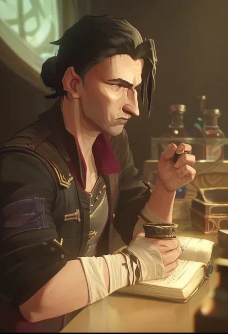 score_9, score_8_up, score_7_up, score_6_up,
s1lc0 , Silcochembarons, Silco /(league of legends arcane/), solo, short hair, bangs, shirt, black hair, 1boy, holding, sitting, closed mouth, jacket, upper body, male focus, open clothes, indoors, hair bun, open jacket, black jacket, book, facial hair, bandages, table, single hair bun, bottle, red shirt, sleeves rolled up, open book, bandaged arm, stubble, bandaged hand, writing ,/(league of legends arcane/),
