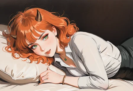 by helleu, 1girl, original, portrait, sprawled on bed, medium-hair, orange-hair, green-eyes, small-breasts, collared-shirt, long-sleeves, small-horns, brown-horns, makeup, messy-hair, skirt, pendant. bracelet, masterpiece, best quality, newest, absurdres, highres