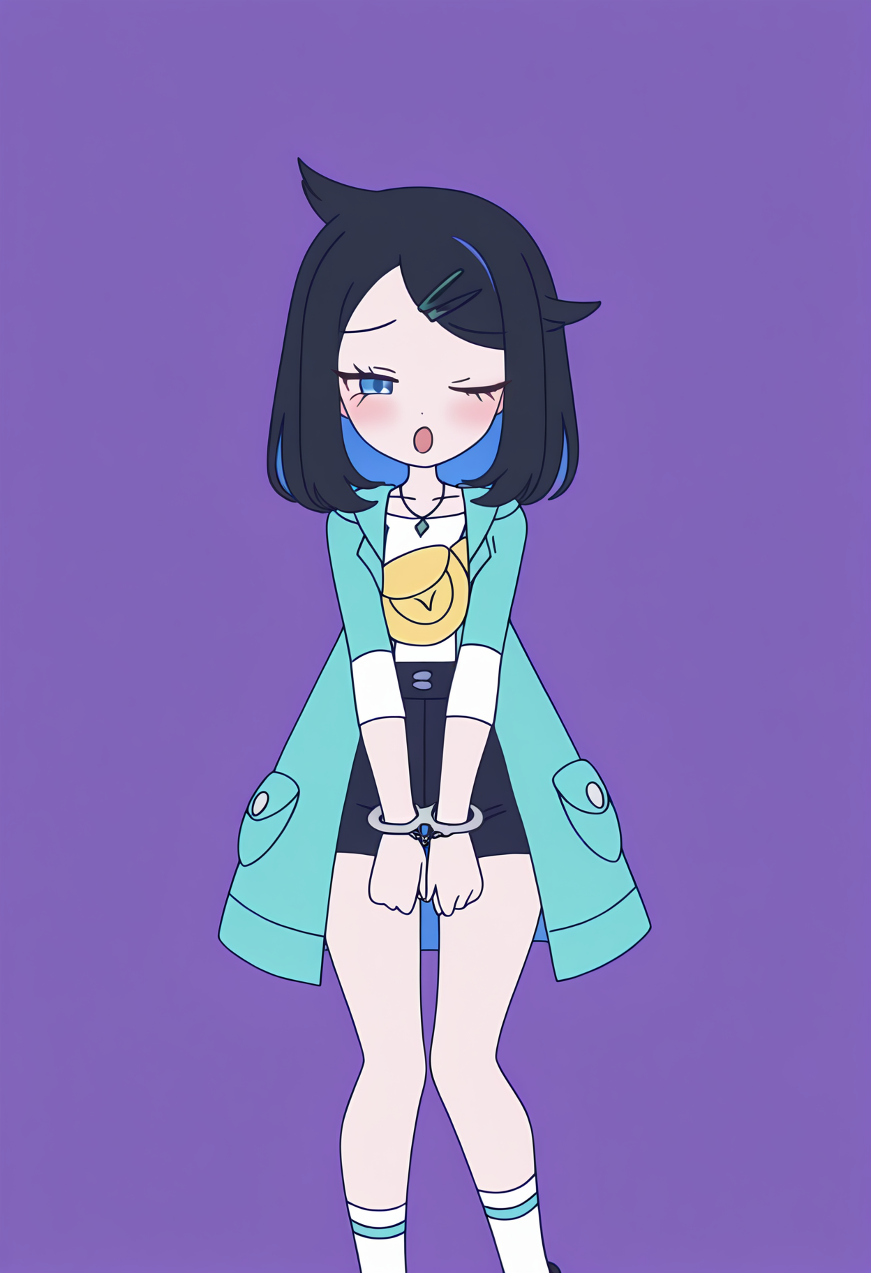 masterpiece, best quality, high resolution, source_anime, highly detailed illustration, detailed eyes, very aesthetic, absurdres, newest, amazing quality,
1girl, solo,
<lora:shiLikoV1ill:1>, shilikodef, bangs, blue eyes, black hair, multicolored hair, eyelashes, cowlick, hairclip, medium hair,
necklace, jewelry, hair ornament, sleeves past elbows, long sleeves,
white shirt, open jacket, blue jacket, open coat, hooded jacket, green coat, yellow bag,
blue shorts, black shorts, belt, white socks, shoe,
<lora:shiRabbitHoleStyleConceptV1ill:1>, shirbtlestyle,simple background, standing,  own hands together, facing viewer, two-tone background, purple background, v arms, handcuffs, half-closed eyes, ;o, blush, smile,