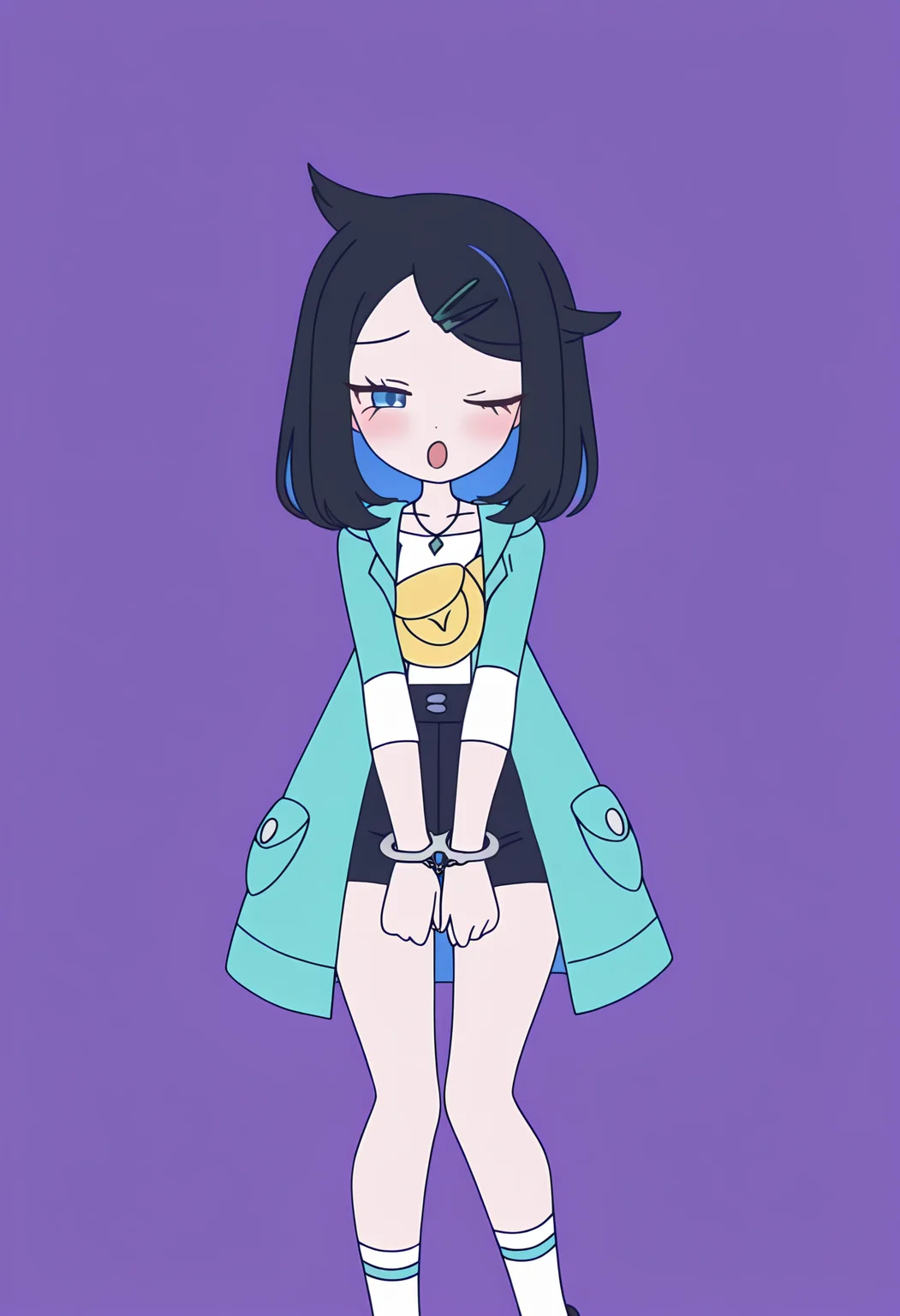 masterpiece, best quality, high resolution, source_anime, highly detailed illustration, detailed eyes, very aesthetic, absurdres, newest, amazing quality,
1girl, solo,
<lora:shiLikoV1ill:1>, shilikodef, bangs, blue eyes, black hair, multicolored hair, eyelashes, cowlick, hairclip, medium hair,
necklace, jewelry, hair ornament, sleeves past elbows, long sleeves,
white shirt, open jacket, blue jacket, open coat, hooded jacket, green coat, yellow bag,
blue shorts, black shorts, belt, white socks, shoe,
<lora:shiRabbitHoleStyleConceptV1ill:1>, shirbtlestyle,simple background, standing, own hands together, facing viewer, two-tone background, purple background, v arms, handcuffs, half-closed eyes, ;o, blush, smile,