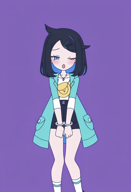 masterpiece, best quality, high resolution, source_anime, highly detailed illustration, detailed eyes, very aesthetic, absurdres, newest, amazing quality,
1girl, solo,
<lora:shiLikoV1ill:1>, shilikodef, bangs, blue eyes, black hair, multicolored hair, eyelashes, cowlick, hairclip, medium hair,
necklace, jewelry, hair ornament, sleeves past elbows, long sleeves,
white shirt, open jacket, blue jacket, open coat, hooded jacket, green coat, yellow bag,
blue shorts, black shorts, belt, white socks, shoe,
<lora:shiRabbitHoleStyleConceptV1ill:1>, shirbtlestyle,simple background, standing, own hands together, facing viewer, two-tone background, purple background, v arms, handcuffs, half-closed eyes, ;o, blush, smile,