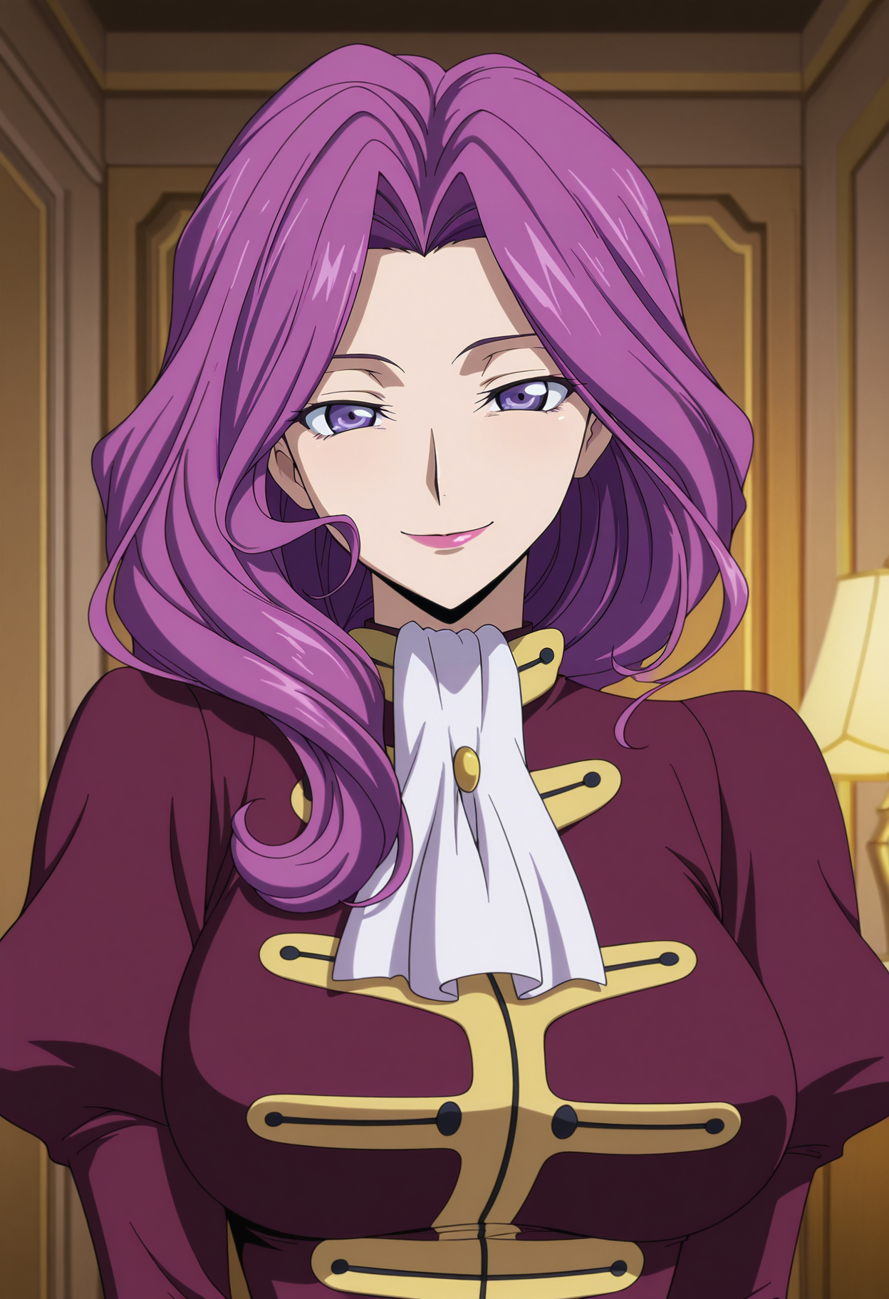 1girl,solo,mm,mature female,purple hair,purple eyes,lipstick,large breasts,anime coloring,
s1,wavy hair,s1 uniform,ascot,upper body, looking at viewer, smile,indoors
,masterpiece,best quality,amazing quality,<lora:Cornelia_li_Britannia-Code_Geass:0.8>