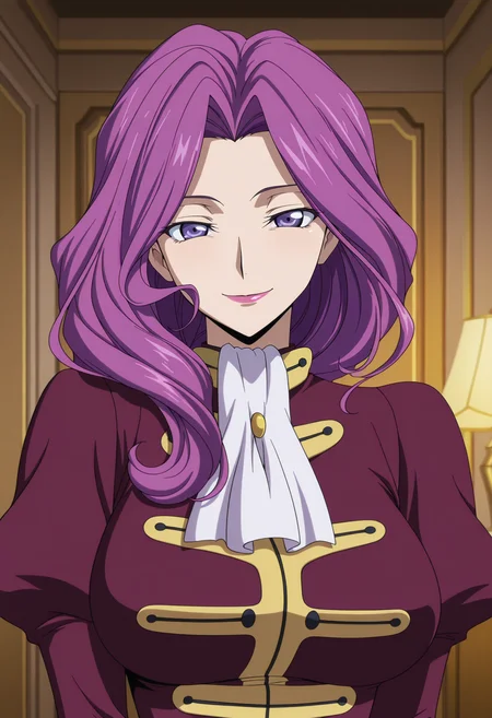 1girl,solo,mm,mature female,purple hair,purple eyes,lipstick,large breasts,anime coloring,
s1,wavy hair,s1 uniform,ascot,upper body, looking at viewer, smile,indoors
,masterpiece,best quality,amazing quality,<lora:Cornelia_li_Britannia-Code_Geass:0.8>