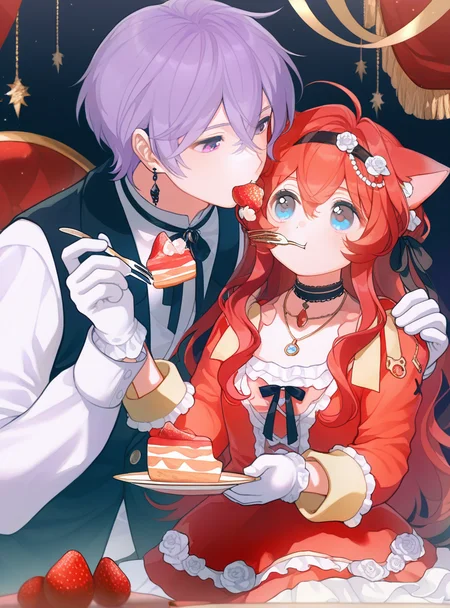ahoge,living clothes,1girl,solo,upper body,inverted colors,1girl,1boy,animal ears,red hair,food,fork,long hair,dress,white gloves,gloves,cat ears,holding,holding fork,jewelry,flower,ribbon,rose,long sleeves,blue eyes,cake,jacket,hairband,looking at another,plate,choker,mouth hold,strawberry,purple eyes,black hairband,fruit,bangs,black ribbon,sitting,bow,short hair,hair ribbon,hair ornament,frills,holding plate,earrings,white dress,eating,black jacket,hand on another's shoulder,necklace,purple hair,,feeding,hair flower,hair between eyes,frilled dress,shirt,