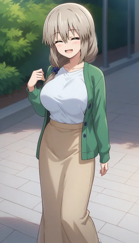 score_9,score_8_up,score_7_up,score_6_up BREAK official art,solo,outdoors,upper body,(portrait:1.5),looking at viewer,facing viewer,smile,blush,mature female,Tsuki Uzaki,grey hair,long hair,braid,hair over shoulder,hair scrunchie,hair ornament,hair between eyes,bangs,closed eyes,^_^,collarbone,green cardigan,open cardigan,white shirt,long sleeves,large breasts,skindentation,shirt tucked in,brown skirt,long skirt,high heels,white footwear,<lora:Tsuki Uzaki(uwa)-Pony:1.4>,