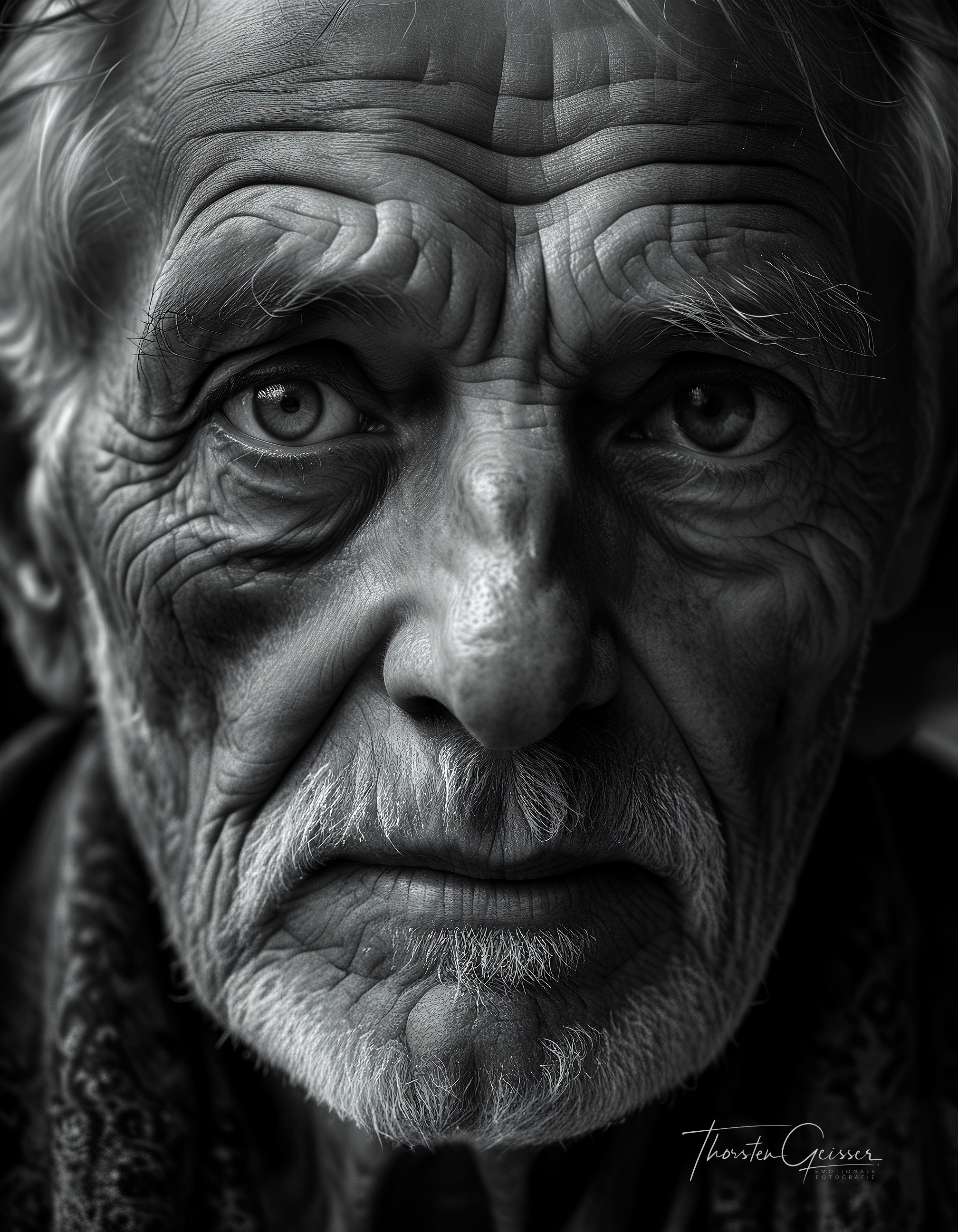 cinematic photo A high-resolution, black and white portrait of an elderly man, his face etched with the wisdom and experiences of a lifetime. His skin is weathered and lined, a testament to the years he has lived and the stories he carries. His eyes, the focal point of the image, are bright and piercing, their irises filled with intricate details and subtle reflections of light. The depth and complexity of his gaze draw the viewer in, inviting them to contemplate the rich tapestry of his life. The background is a deep, velvety black, isolating the man's face and intensifying the emotional impact of his expression. The lighting is dramatic, highlighting the contours of his face and accentuating the wrinkles and creases that tell his story. The overall effect is one of profound depth and character, a portrait that captures the essence of a life well-lived in timeless black and white.     . 35mm photograph, film, bokeh, professional, 4k, highly detailed