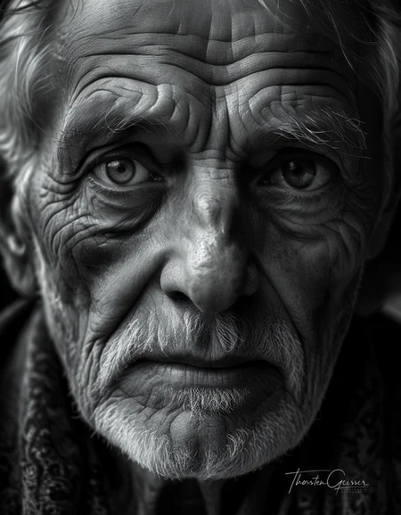 cinematic photo A high-resolution, black and white portrait of an elderly man, his face etched with the wisdom and experiences of a lifetime. His skin is weathered and lined, a testament to the years he has lived and the stories he carries. His eyes, the focal point of the image, are bright and piercing, their irises filled with intricate details and subtle reflections of light. The depth and complexity of his gaze draw the viewer in, inviting them to contemplate the rich tapestry of his life. The background is a deep, velvety black, isolating the man's face and intensifying the emotional impact of his expression. The lighting is dramatic, highlighting the contours of his face and accentuating the wrinkles and creases that tell his story. The overall effect is one of profound depth and character, a portrait that captures the essence of a life well-lived in timeless black and white.     . 35mm photograph, film, bokeh, professional, 4k, highly detailed