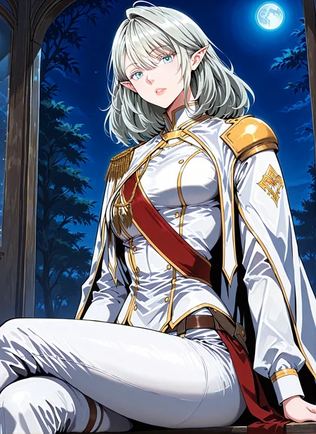 <lora:Alea_Triscan__The_Beginning_After_the_End__Illustrious:1>
1 girl, solo, elf, pointy ears, light blue eyes, grey hair, medium hair, hair behind ear, hair between eyes,ahoge, military uniform, white cape, epaulettes, jewelry, white pants, long sleeves, white thigh boots, thighhighs, high heels, belt, white jacket, red sash
(Anime_source),Masterpiece,(perfect female body:1.2), small waist,(incredibly detailed:1.4), slim, parted lips, looking at viewer, sitting, crossed legs, night, blue moon, <lora:iLLMythG0thicL1nes:1>