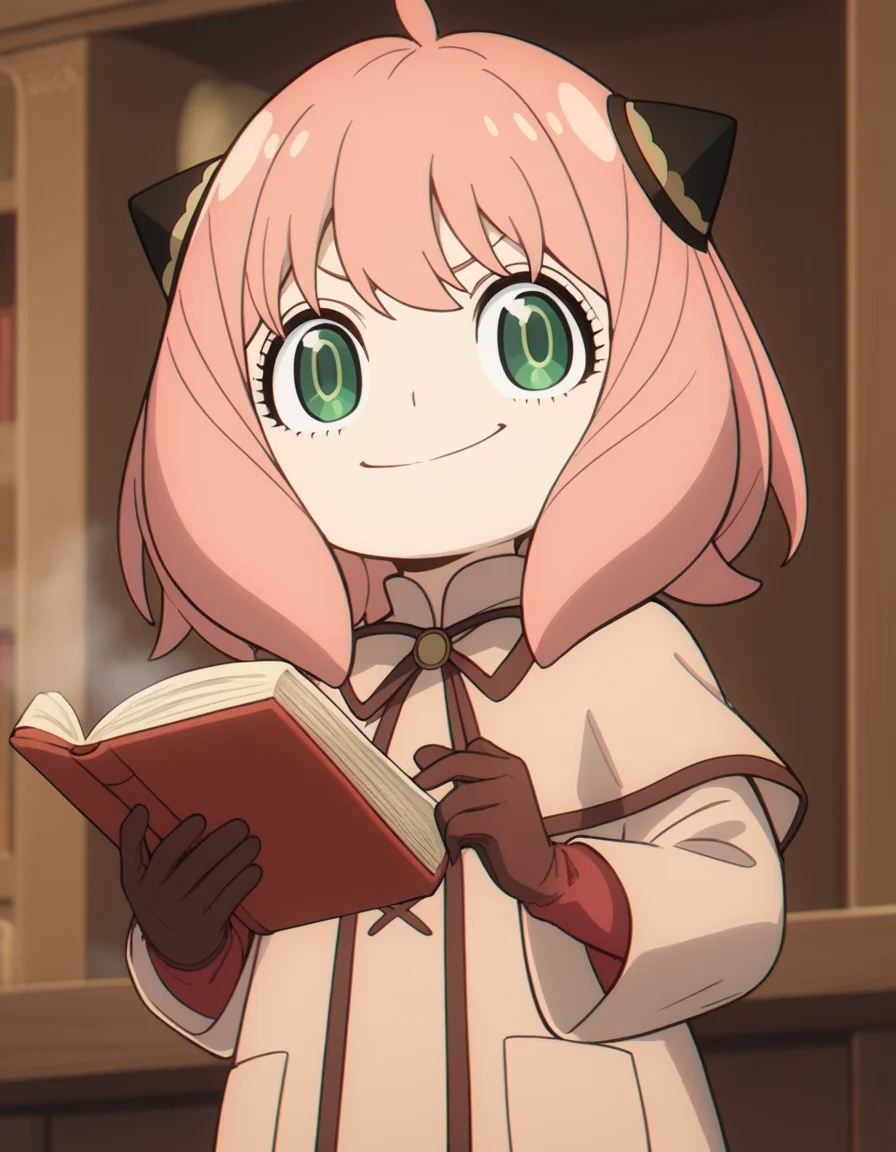score_9, score_8_up, score_7_up, source_anime, <lora:anya-forger-movie-ponyxl-lora-nochekaiser:1>, anya forger, anya (spy x family), bangs, green eyes, pink hair, ahoge, child, female child, hairpods,, gloves, long sleeves, ribbon, brown gloves, capelet, robe,, bookstore, browsing shelves, new book smell, finding a favorite, quiet atmosphere, , looking at viewer, smug, solo,, cowboy shot, dutch angle,