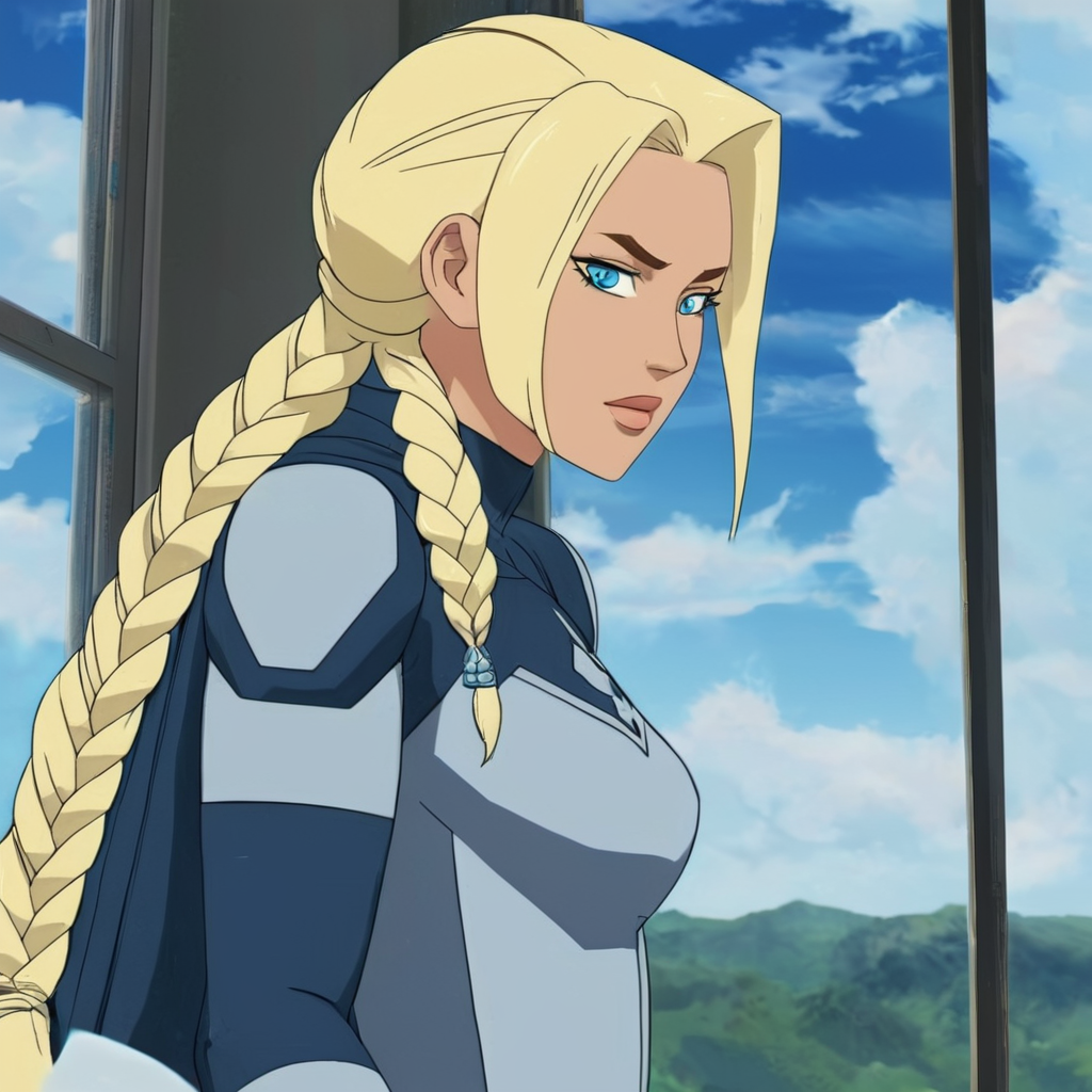 anime artwork of  <lora:Invincible (TV series):0.4>
 <lora:detailed:0.4> detailed
 <lora:perfection style:0.4> perfect
 <lora:PerfectEyesXL:0.3>
 <lora:War Woman:1>
War Woman a woman in a costume is standing in front of a window,warrior woman,amazonian warrior,solo,blue eyes,blonde hair,gloves,1boy,braid,male focus,outdoors,sky,day,cloud,cape,blue sky,superhero, anime style, key visual, vibrant, studio anime,  highly detailed