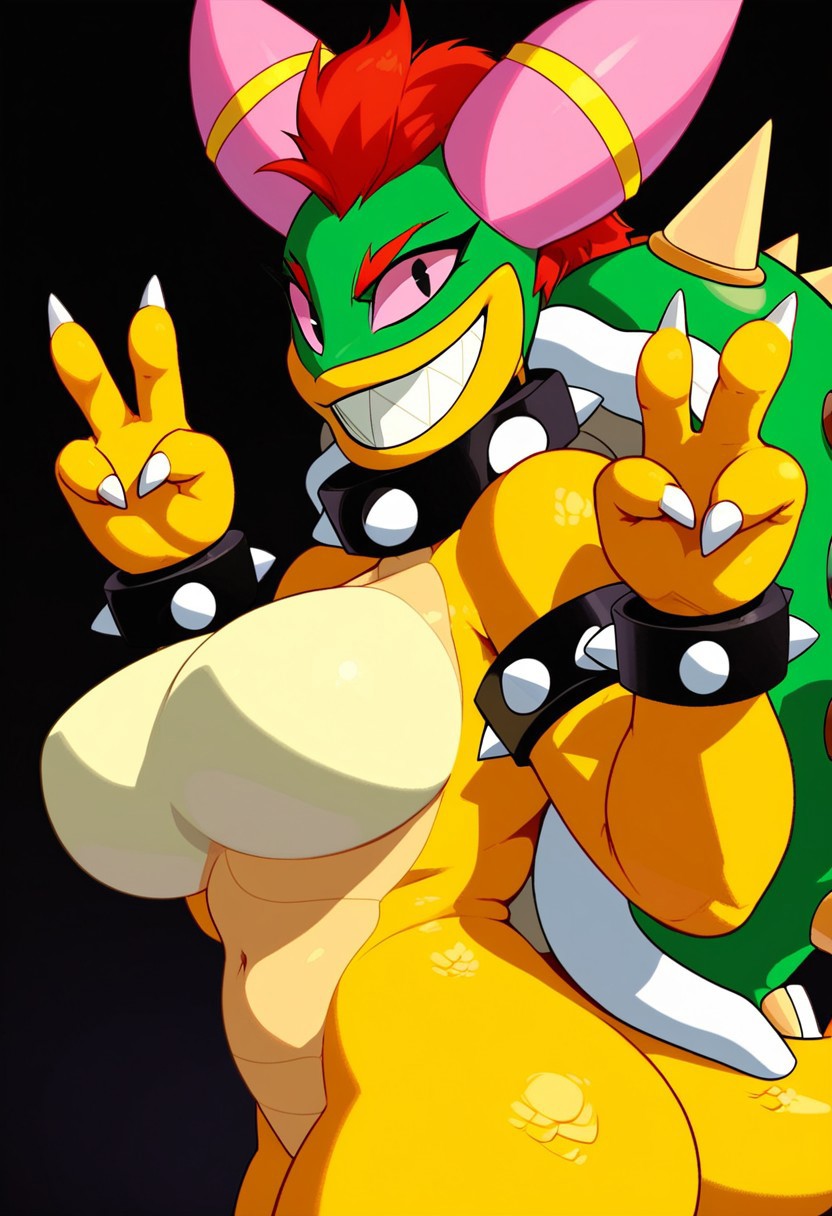 score_9, score_8_up, score_7_up, 1girl, solo, Expressiveh, (Bowletta, female scalie, green face, yellow mouth, sharp teeth, yellow body, yellow scales, pink sclera, black eyes, pink horns, red hair, short hair, spiked armband, spiked bracelet, spiked shell, green shell, covered breasts, claws, 4 fingers,  looking at viewer, smile, closed mouth), peace sign, side view, cowboy shot, black background, simple background, 4k, masterpiece, best quality, highly detailed, realistic