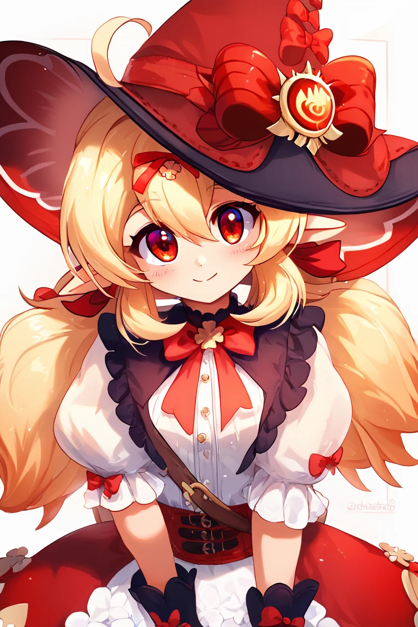 score_9, score_8_up, score_8, medium breasts, (curvy), cute, eyelashes,       ,,, , ,,, zzKlee, hair between eyes, red eyes, ahoge, blonde hair, long hair, low twintails, pointy ears, twintails, witch hat, bow, gloves, short sleeves, black gloves, alternate costume, sidelocks, hat bow,  <lora:KleeBlossomingStarlight_Genshin_PDXL:1.0>,  ,,,, BREAK, smile, closed mouth, looking at viewer, cowboy shot, ,,, embedding:zPDXL, Expressiveh, ,,, <lora:Konpeto_PDXL_v3:1.0>, <lora:SDXLFaeTastic2400:0.5>, <lora:Expressive_H-000001:0.4>,