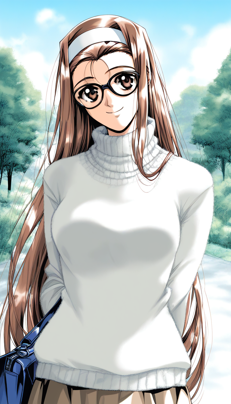 score_9, score_8_up, score_7_up, source_anime, rating_explicit, BREAK  <lora:Mizuno_Tomomi_XL:1> Mizuno_Tomomi, brown hair, glasses, black-framed eyewear, white hairband, brown eyes, very long hair, medium breasts,
solo, sweater, day, outdoors, smile, turtleneck, bag, looking at viewer, arms behind back, sky, tree, head tilt, long sleeves, white sweater