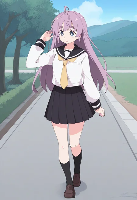 1girl, solo, rinlilustea, purple hair, long hair, ahoge, thick eyebrows, blue eyes, shirt, long sleeves, sailor collar, yellow necktie, skirt, black socks, loafers, school uniform, outdoors, campus, hand on hair, walking, parted lips,