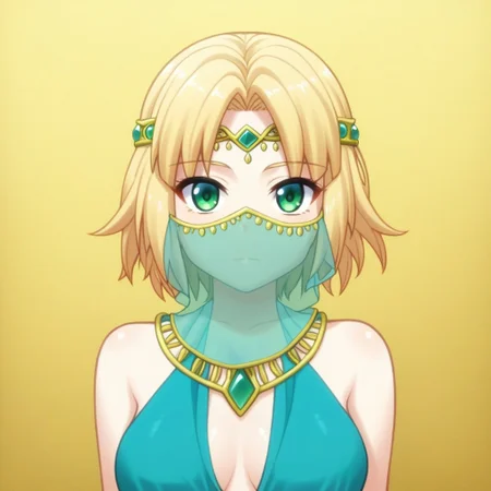 mana_sk style, portrait, focus on face, a resolute desert warrior girl with short, windswept sandy-blonde hair and piercing green eyes, wearing a veil partially covering her face and a decorative metallic circlet with turquoise gemstones, faint outlines of desert dunes in the golden background, Japanese RPG style, adventurous and regal atmosphere, intricate details on her circlet and veil