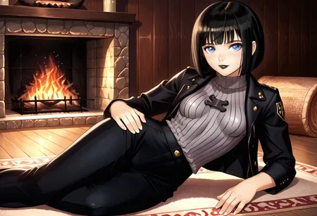 (score_9, score_8_up, score_7_up, highest score, best quality:1.2), zPDXL3, is pretty, clear, perfection style, perfection, perfect, neghands, detail1eye, hi-res, 16k, perfection style, source_anime, tony taka BREAK 1girl, solo, short black hair, hime cut, blunt bangs, blue eyes, (small breasts:1.3),, black lipstick, long eyelashes, purple eyeshadow, sexy, seductive smile, standing BREAK extra_puffy_jacket, black jacket, open jacket, tiger shirt, black pants BREAK <lora:princess-leia-pose-ponyxl-lora-nochekaiser:1>, princess leia pose, sitting, hand on own hip, on side, c4b1n, indoors, wooden floor, log walls, rustic, fireplace, rug (indoors:1.3), cowboy shot, sharp colors, perfect anatomy, (detailed realistic background:1.3), (high quality:1.1), (ultra detailed:1.4), <lora:pony_good_hands:0.7>, <lora:add-detail-xl:1>, <lora:xl_more_art-full_v1:0.5>