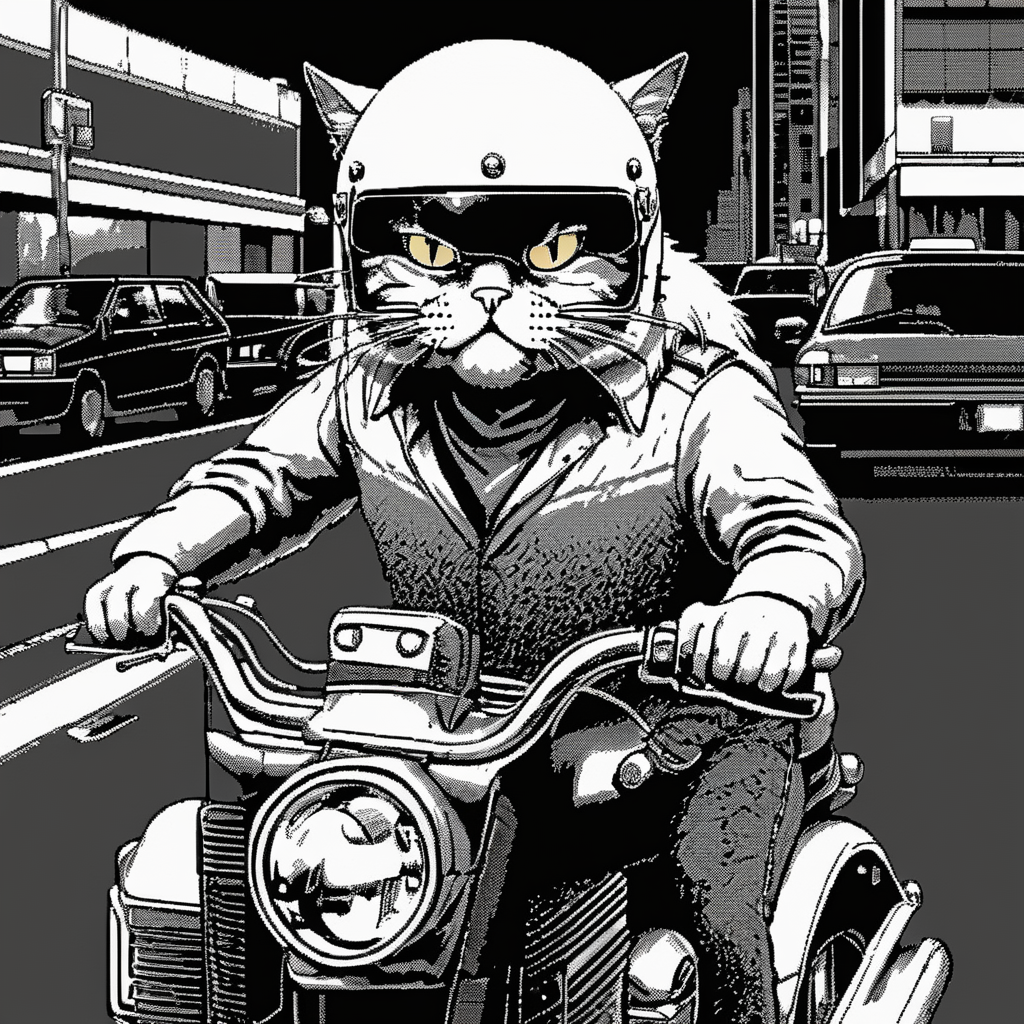 <lora:Macpaint-XL-000015:1>, Macpaint, a black and white pixel image of a close up of a gruff looking fat cat wearing a motorcycle helmet driving a motorcycle at night , pixel art, best quality, 80s, masterpiece, dithering