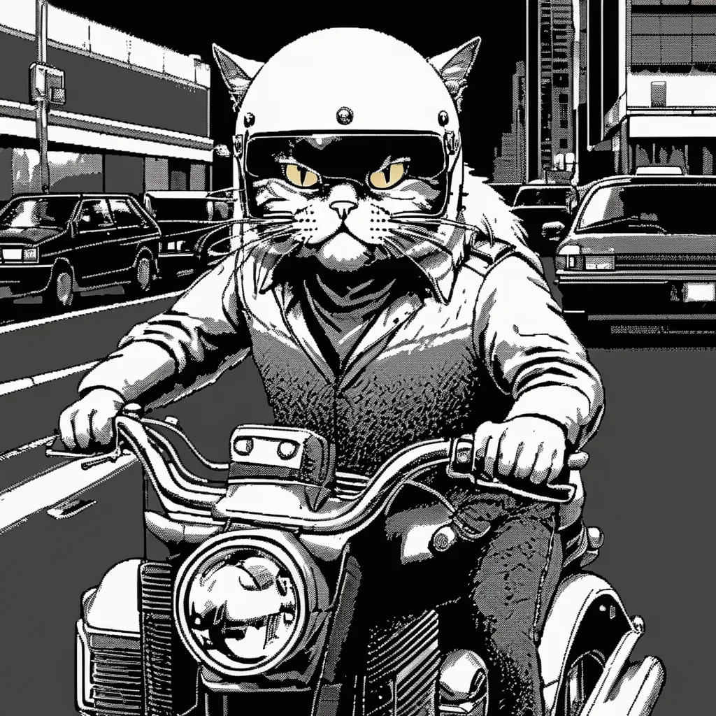 <lora:Macpaint-XL-000015:1>, Macpaint, a black and white pixel image of a close up of a gruff looking fat cat wearing a motorcycle helmet driving a motorcycle at night , pixel art, best quality, 80s, masterpiece, dithering