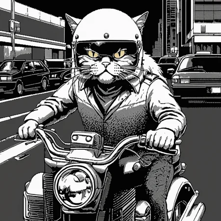 <lora:Macpaint-XL-000015:1>, Macpaint, a black and white pixel image of a close up of a gruff looking fat cat wearing a motorcycle helmet driving a motorcycle at night , pixel art, best quality, 80s, masterpiece, dithering