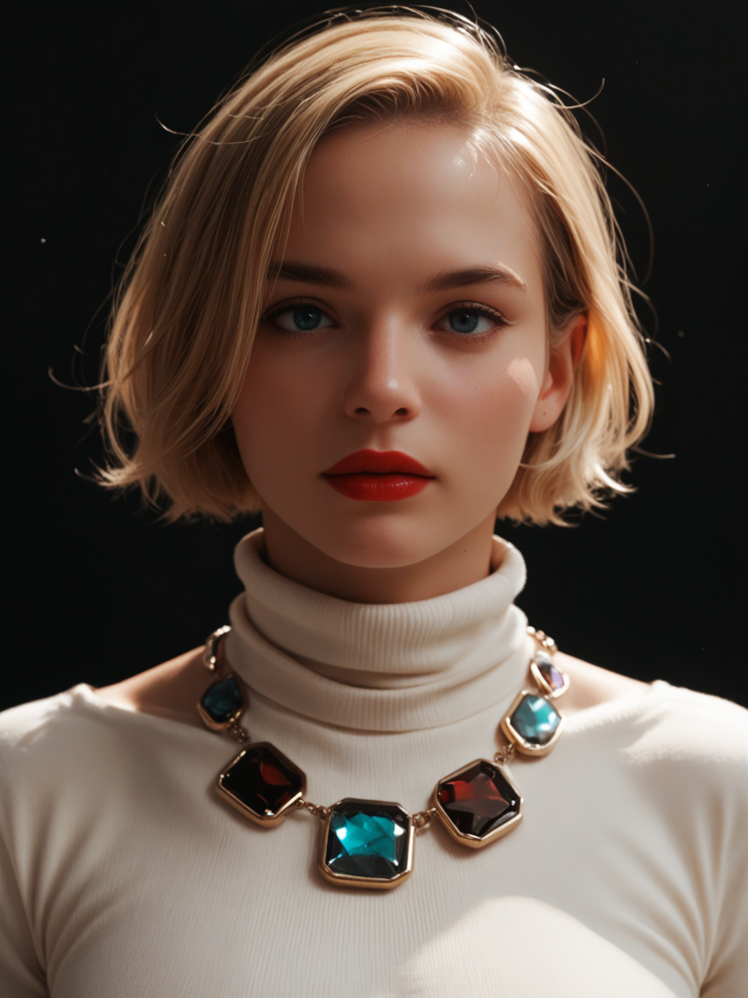 score_9, score_8_up, score_7_up, score_6_up, 1girl, blonde hair, short hair, blue eyes, red lips, stellian necklace, black background, <lora:stellian_necklace_pony_v1.0:0.9>, large breasts, turtleneck