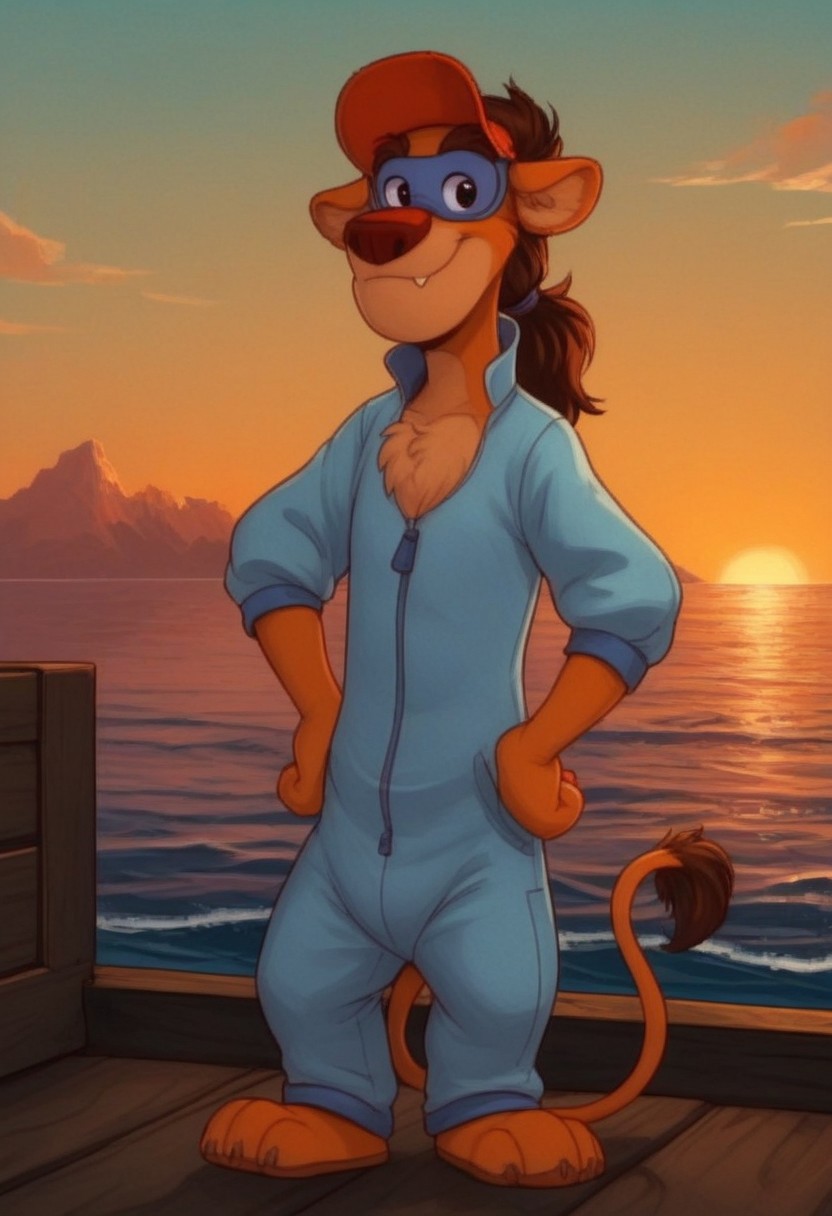 score_7, score_8, score_9, dynamic lighting, detailed background, background is ship dock, dock, (stacked crates), ((ocean)), boats, mountains in distance, ((outdoors)), clouds, sunny, (close up), cowboy shot,
BREAK 
Solo, 1boy, ((anthropomorphic)), furry male, Wildcat, yellow fur, brown hair, hair in ponytail animal nose, black eyes, slender, animal ears, (yellow tail), feet claws, snaggle tooth, eye mask, fluffy fur, fluffy eyebrows, (fang), chest fur tuft,
BREAK 
standing, looking at viewer, smiling, jumpsuit, hat, hands on hips,