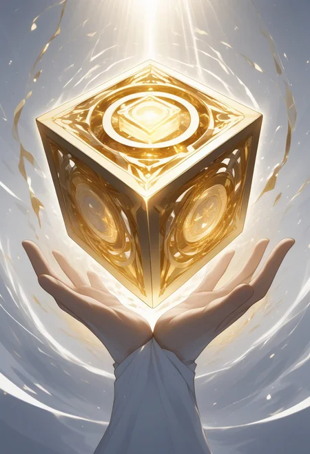(masterpiece), best quality, Anime, (Floating Cube, Hand coming out of the ground, holding cube), White Background, No Humans, Gold and White Theme, Gold Filigree, (Light Refraction), Symphtia-Style, Zyrnox-Exoterra Style