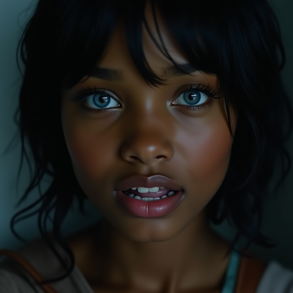 cinematic film still  <lora:hand v1:0.5> <lora:perfection style v1:1> sharp focus, detailed edges,  <lora:detailed style v0.5:> <lora:skin texture style v1:0.2>
A perfect photo of a black woman with blue eyes and black hair,1girl,solo,looking at viewer,blue eyes,teeth,lips,portrait,close-up,realistic,nose,eye focus , detailed face, detailed body, detailed hands, detailed eyes, detailed nose, detailed ears, detailed hair, detailed, perfection, detailed teeth, detailed skin texture, wrinkly, detailed fingers, detailed mouth, beauty, realism, real, detailed hair, detailed pores, detailed background, sharp image, detailed lips, different race, different color, different haircut, different skin tone, different, different people, different pose, perfection style . shallow depth of field, vignette, highly detailed, high budget, bokeh, cinemascope, moody, epic, gorgeous, film grain, grainy