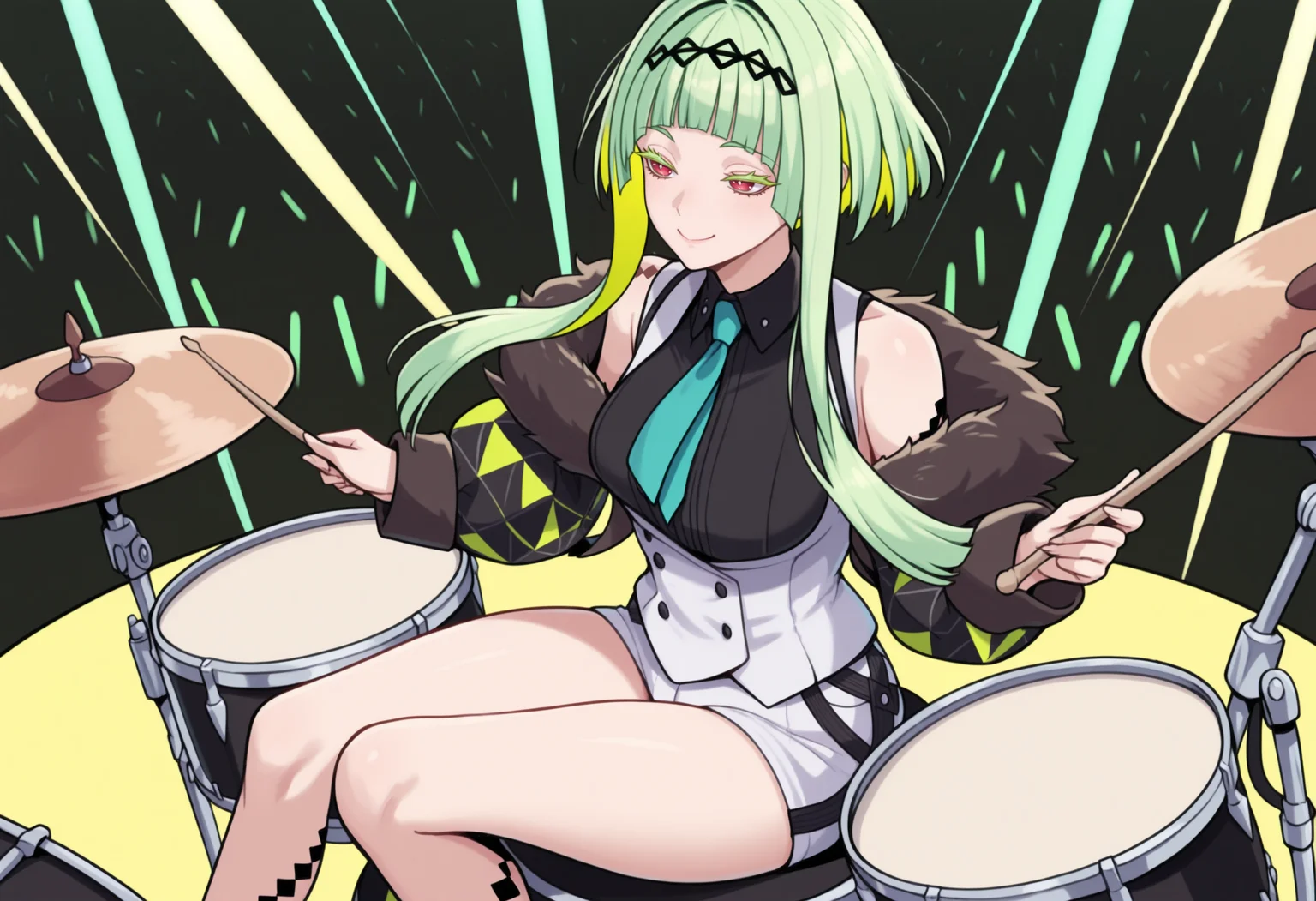 masterpiece, best quality, solo, 1girl, smile, <lora:Ringo-illus_Fp:1>, ringosh2, short hair with long locks, red eyes, green hair, colored inner hair, colored eyelashes, hairband, collared shirt, white vest, white shorts, necktie, black shirt, cropped jacket, fur trim, off shoulder, body markings, drum, playing drums, sitting, drumsticks, playing instrument, drum set, stage,