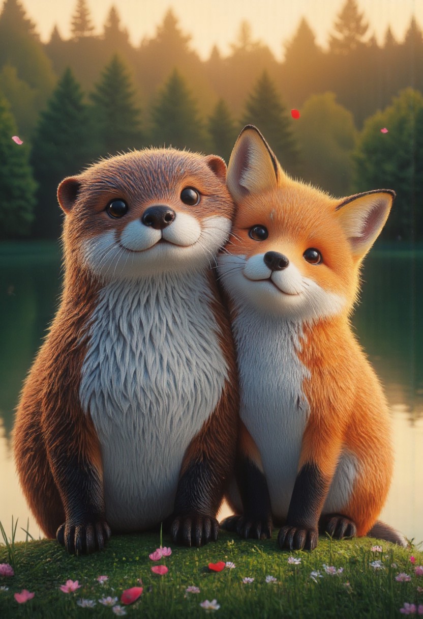 A realistic, intimate close-up of a loving otter and a shy fox, their faces nestled together in a tender embrace. The otter's round, affectionate eyes gleam with warmth, its damp whiskers glistening in the soft golden light, while the fox’s fluffy ears twitch slightly, its gaze filled with quiet adoration. Their fur is bathed in a gentle glow, reflecting the rosy hues of the setting sun. Tiny pink flower petals drift lazily through the air, some landing on the otter’s sleek fur and the fox’s bushy tail, while others swirl gently around them, carried by the soft evening breeze. They sit close together on a mossy riverbank, surrounded by delicate wildflowers and the gentle murmur of a babbling brook. The distant forest is blurred into a dreamy haze of soft greens and warm sunset tones, enhancing the romantic atmosphere.
The light, golden and warm, filters through the trees, casting delicate highlights on their fur and creating a soft gradient of shadows that accentuates every intricate detail of their features. The scene captures a fleeting, tender moment of love and devotion, as if the world itself has paused to honor the quiet, heartfelt connection between these two soulmates on a serene Valentine’s Day evening.