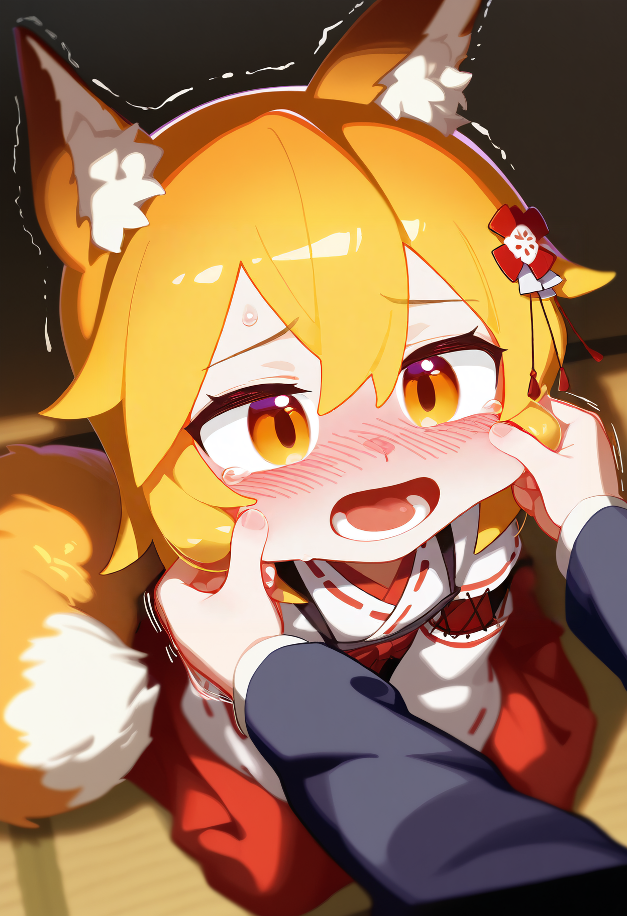 masterpiece, best quality, good quality,
tianliang duohe fangdongye, 
senko \(sewayaki kitsune no senko-san\), (pinching:1.2), blush, 1girl, blonde hair, cheek pinching, trembling, open mouth, orange eyes, solo focus, sitting, sweat, miko, japanese clothes, ribbon mesh sleeves, lower teeth only, long sleeves, from above, wariza, cheek pull, full-face blush, animal ears, fox ears, fox tail, hair ornament, hair flower, orange hair, short hair
<lora:illustrious_styles_v3_vpred:1>